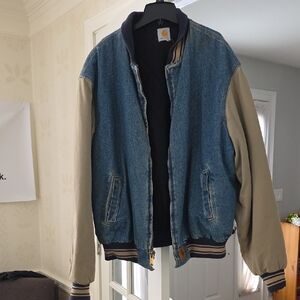 Vintage 90s Carhartt Men's Denim and Tan Bomber Jacket JQ0198